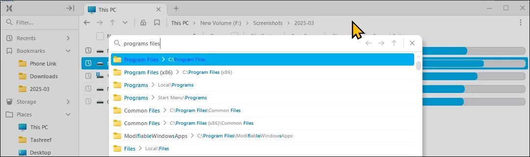 Tính năng GoTo đang hoạt động trên File Pilot, cho phép tìm kiếm và truy cập nhanh các thư mục trên Windows 11.