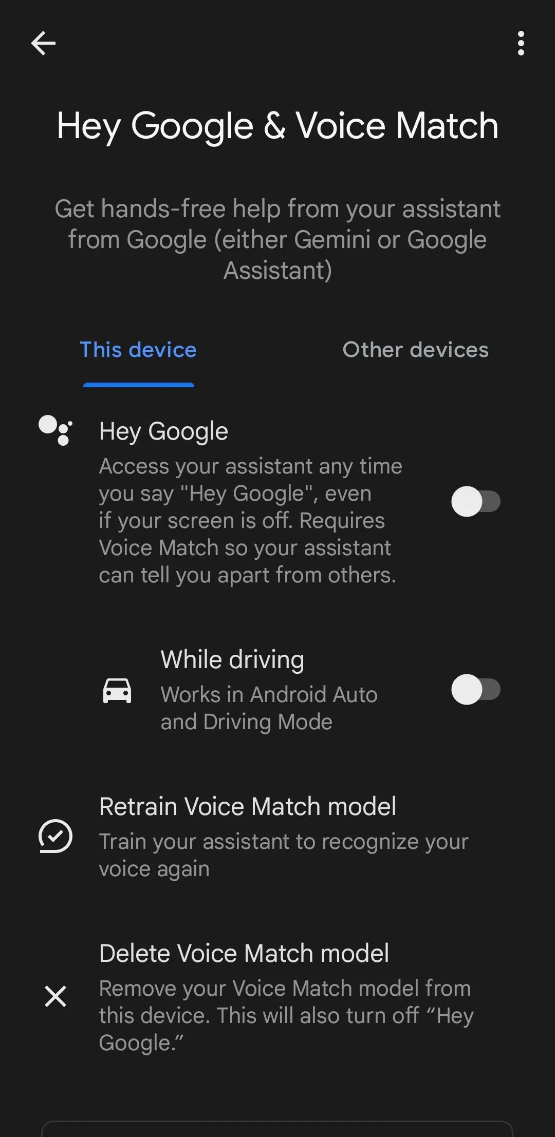 Tính năng Hey Google đã tắt trong cài đặt trợ lý Google trên Android
