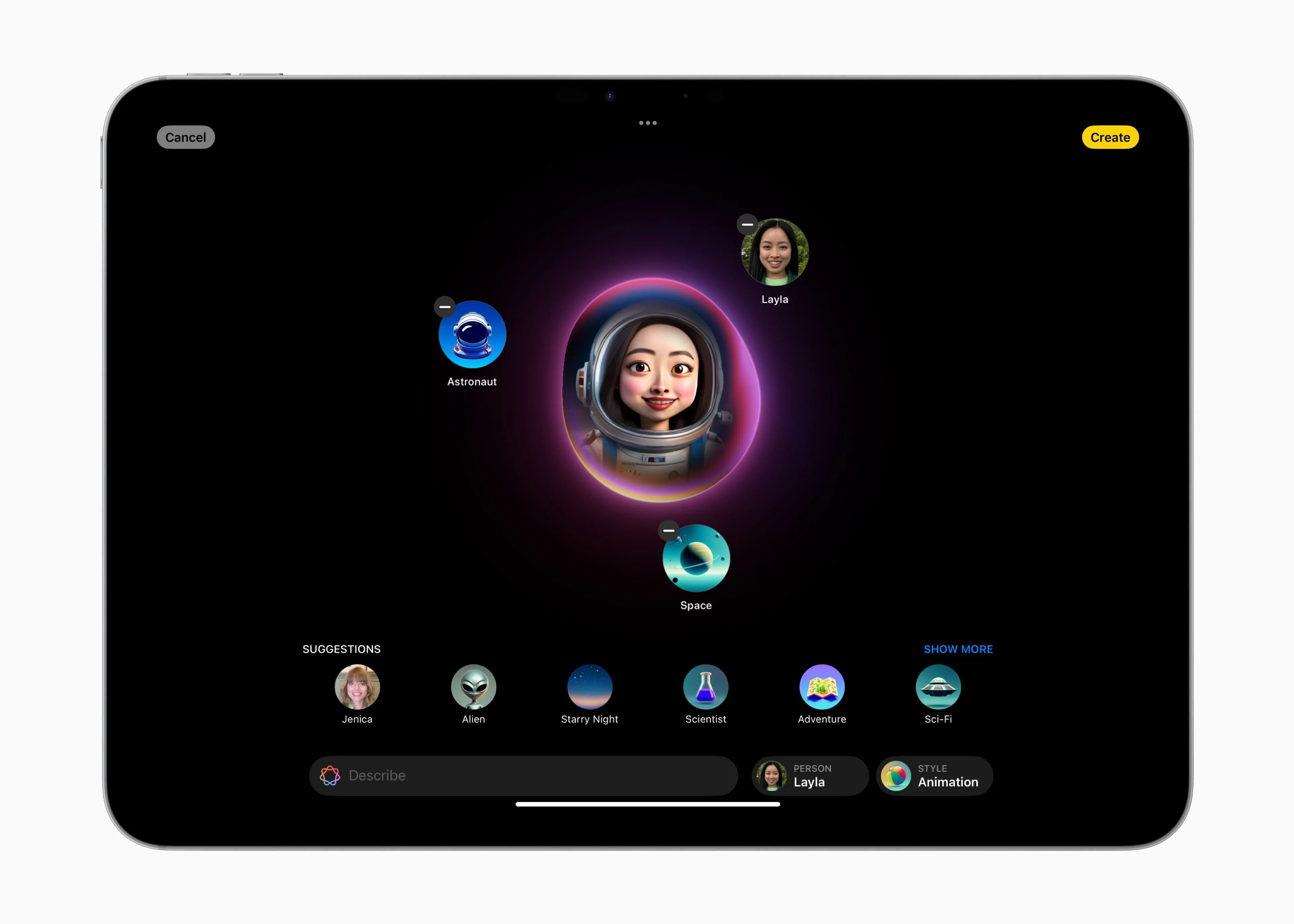 Tính năng Image Playground trên iPad, minh họa khả năng tạo ảnh và emoji tùy chỉnh bằng AI trực tiếp trên thiết bị di động.