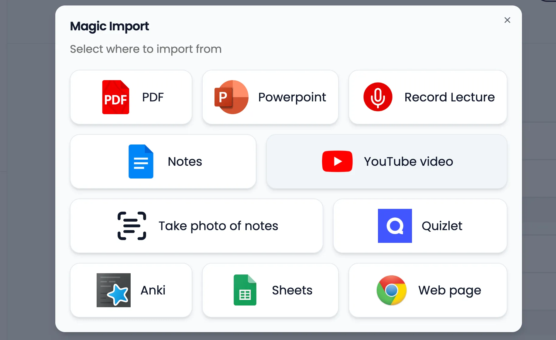 Tính năng Magic Import của Gizmo cho phép nhập liệu từ nhiều nguồn khác nhau như PDF, PowerPoint, YouTube và ghi chú chụp ảnh