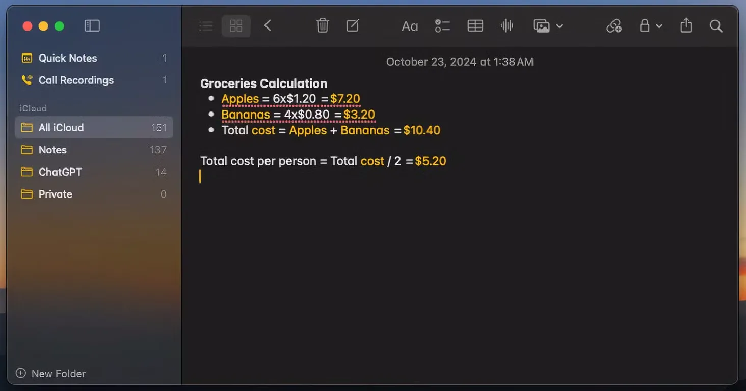 Tính năng Math Notes đang được trình diễn trong ứng dụng Ghi chú (Notes) của macOS Sequoia, hiển thị công thức toán học được giải tự động.