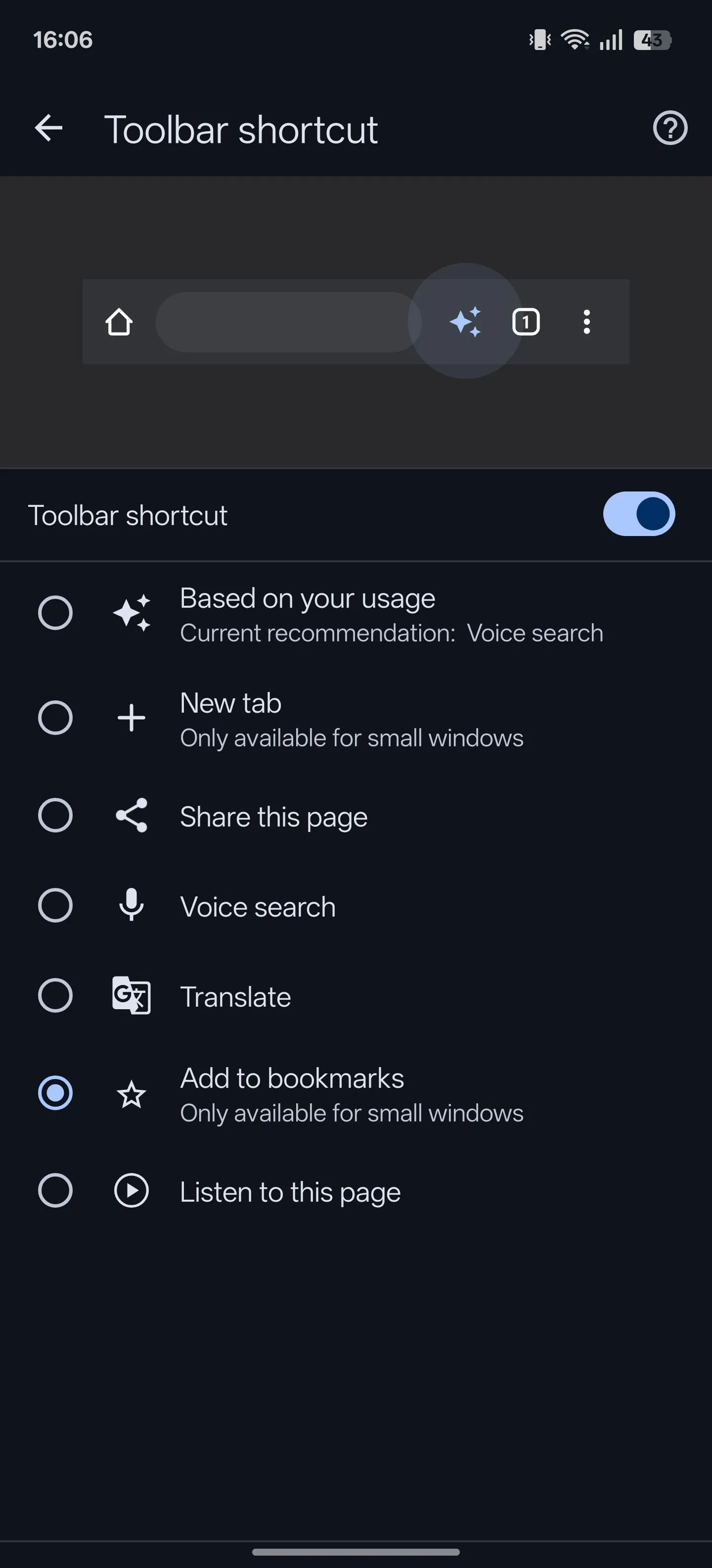 Tính năng phím tắt thanh công cụ được bật trong Chrome Android, với tùy chọn &quot;Thêm vào dấu trang&quot;