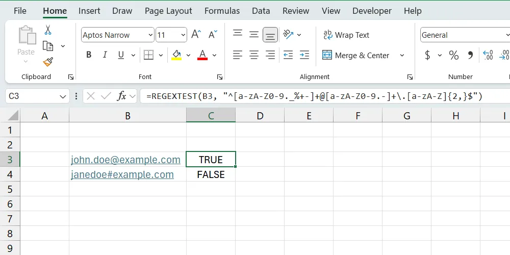 Tính năng REGEXTEST, một ví dụ về hàm nâng cao trong Microsoft Excel.