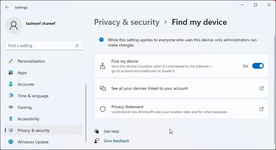 Tính năng 'Tìm thiết bị của tôi' trên Windows 11, cho phép định vị và quản lý laptop bị mất hoặc đánh cắp khi liên kết với tài khoản Microsoft.