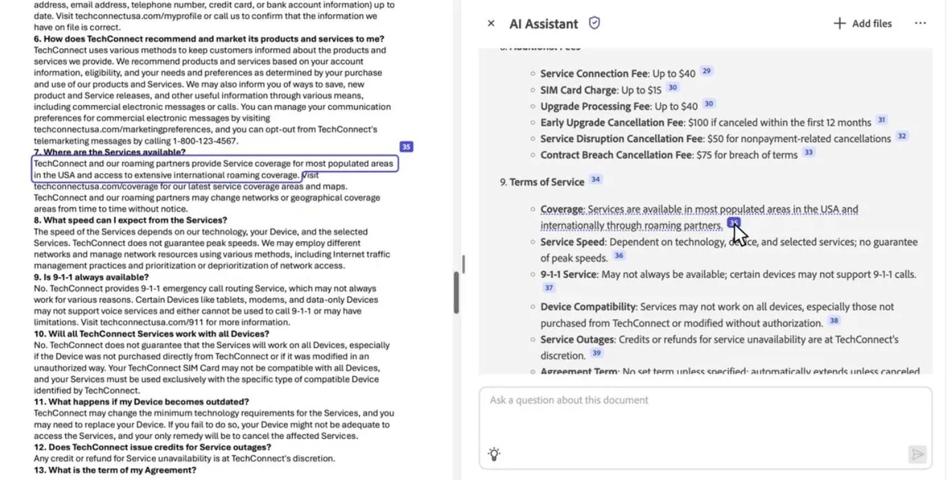 Tính năng trích dẫn nguồn của Adobe Acrobat AI trong tài liệu hợp đồng
