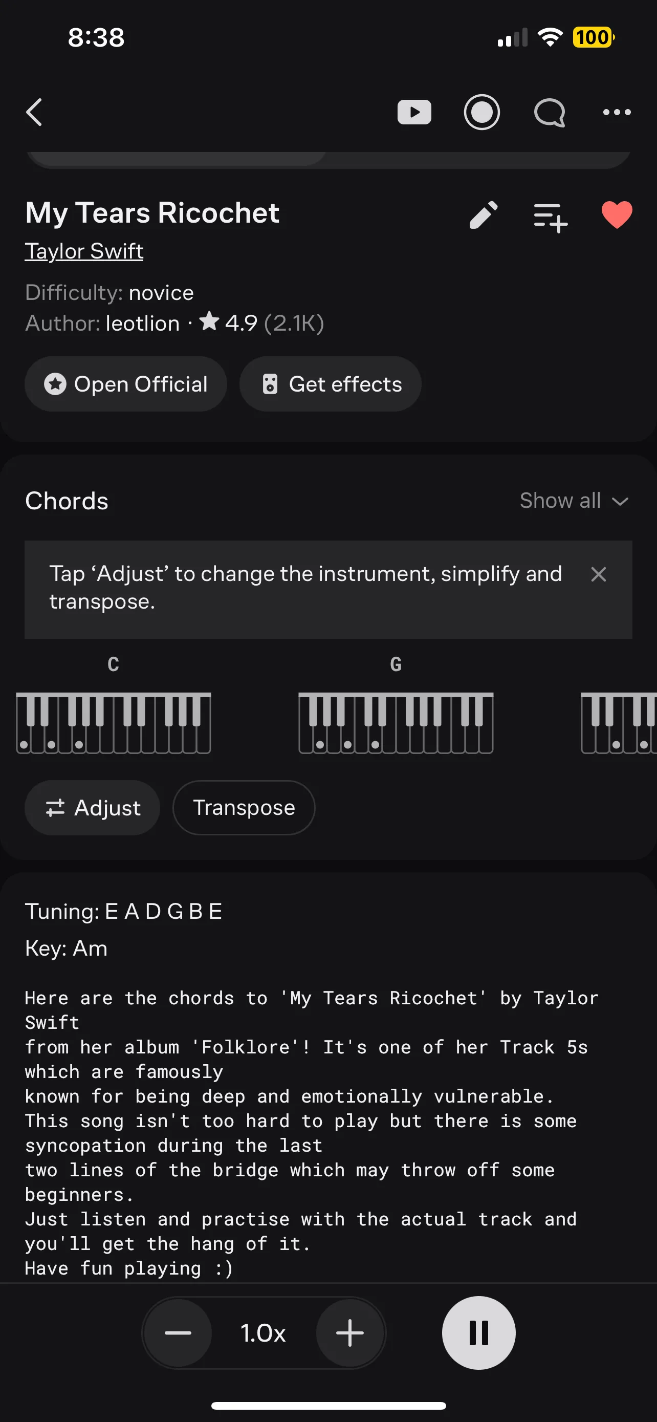 Tính năng tự động cuộn tab trên ứng dụng Ultimate Guitar khi chơi nhạc