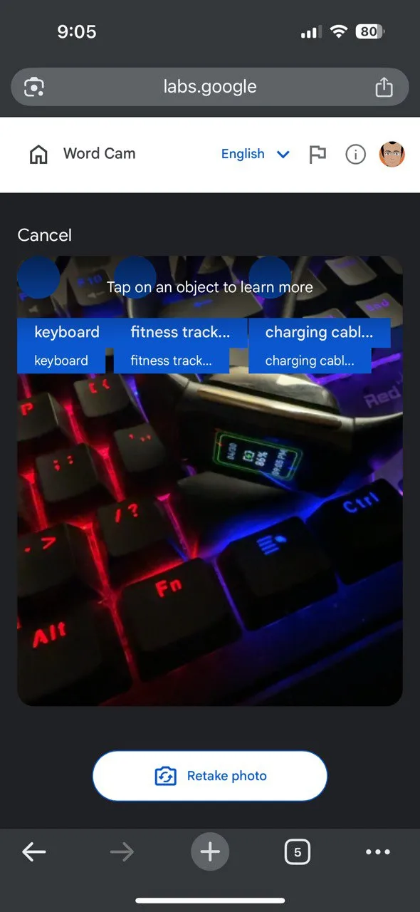Tính năng Word Cam của Google Labs nhận diện vật thể và cung cấp từ vựng tiếng Anh liên quan