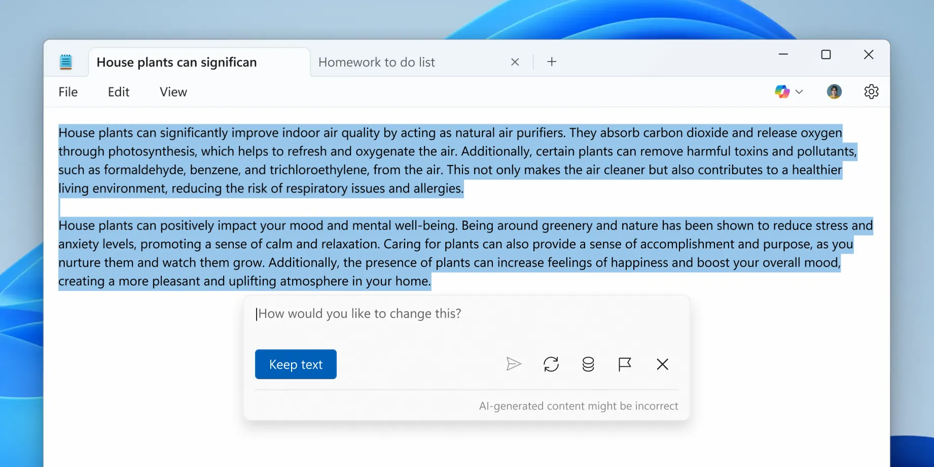Tính năng Write của Copilot trong Notepad tạo nội dung mới