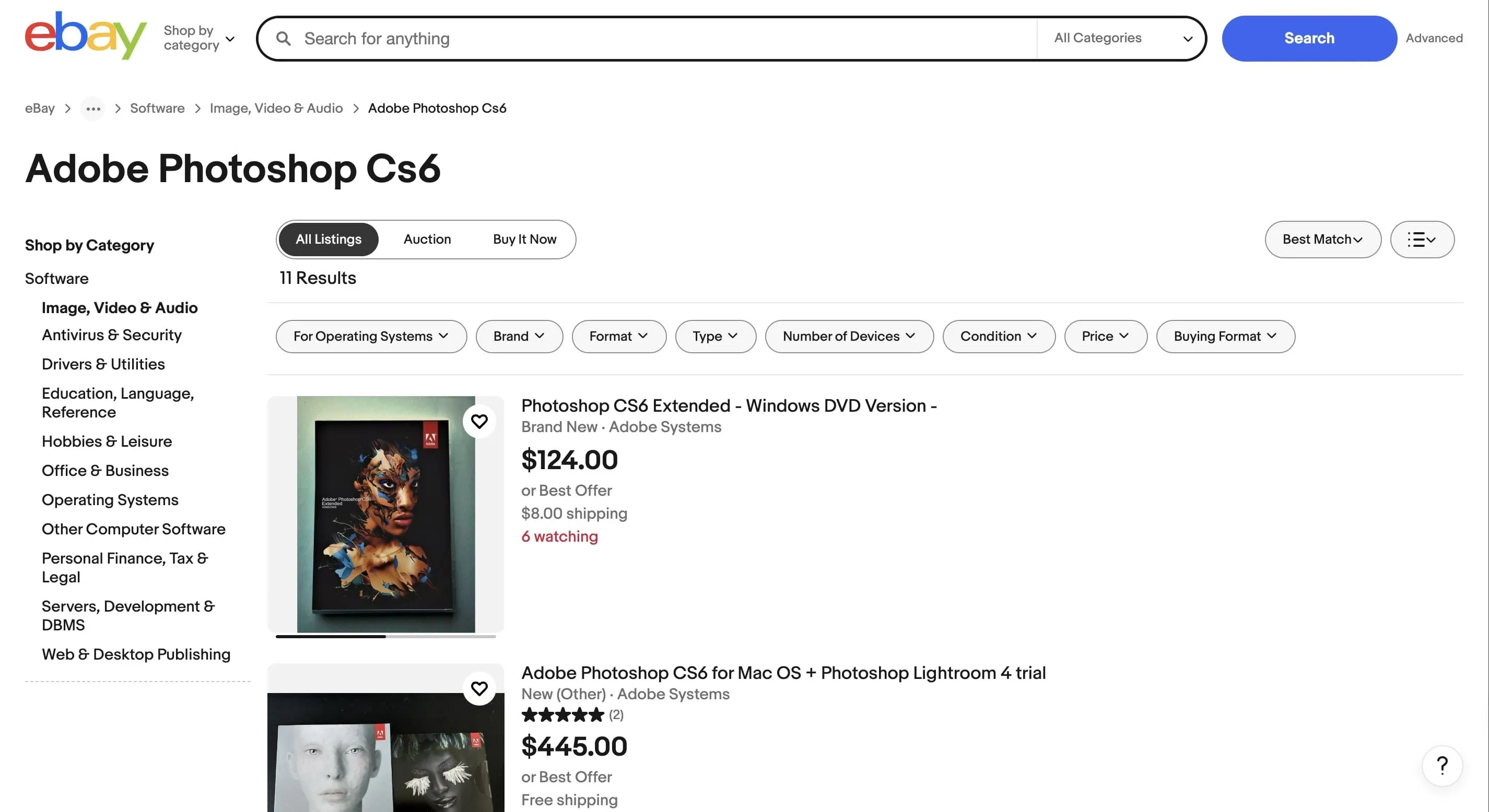 Trang bán hàng eBay hiển thị Adobe CS6, minh họa cho việc tìm mua các phiên bản phần mềm cũ để tiết kiệm chi phí