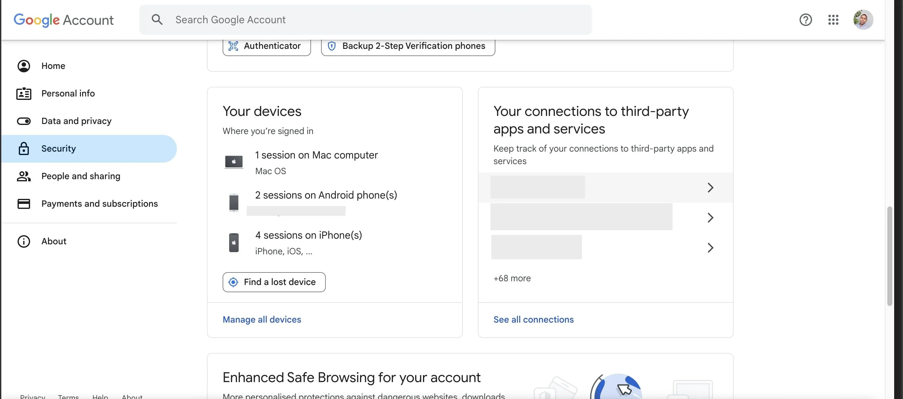 Trang bảo mật tài khoản Google hiển thị danh sách các thiết bị đã đăng nhập, giúp kiểm tra và quản lý truy cập