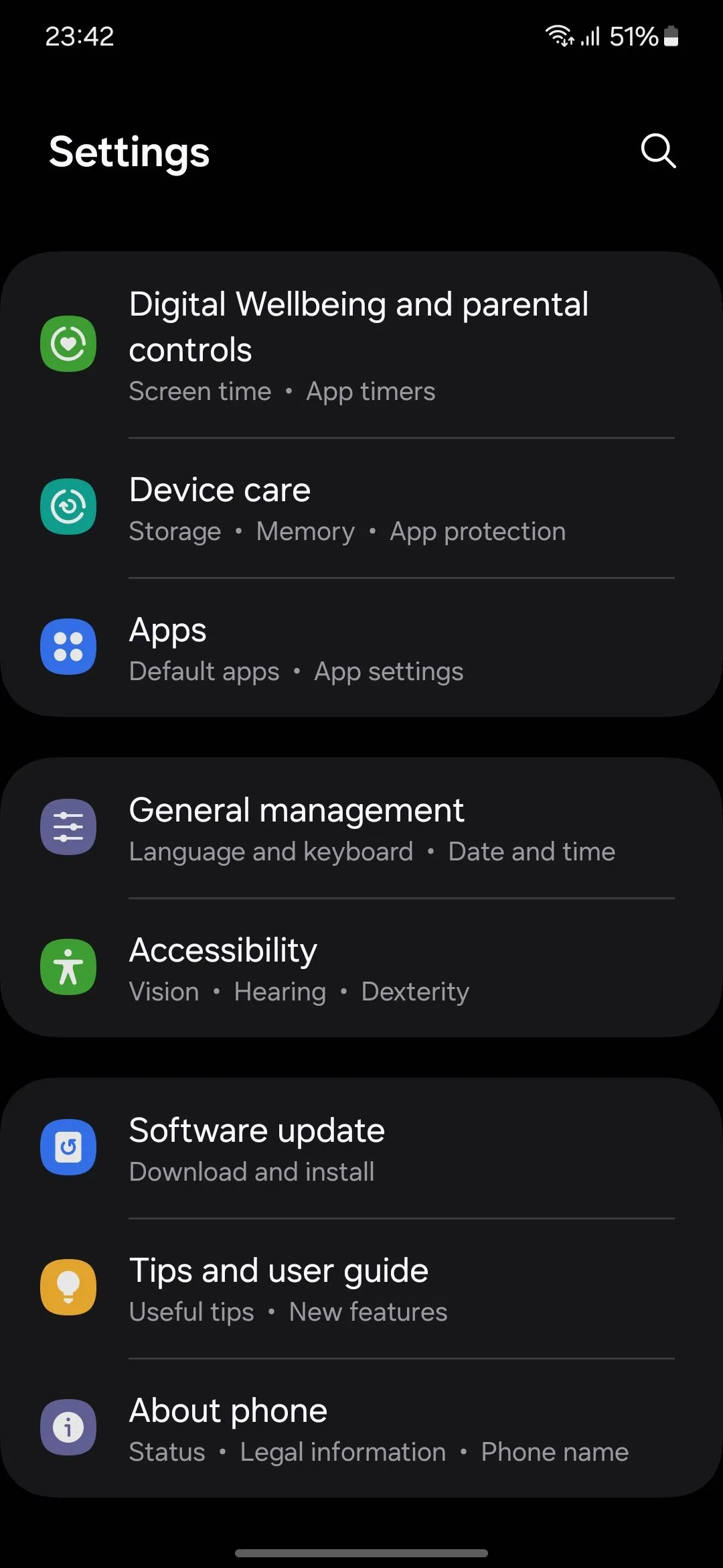 Trang cài đặt chính của điện thoại Samsung Galaxy