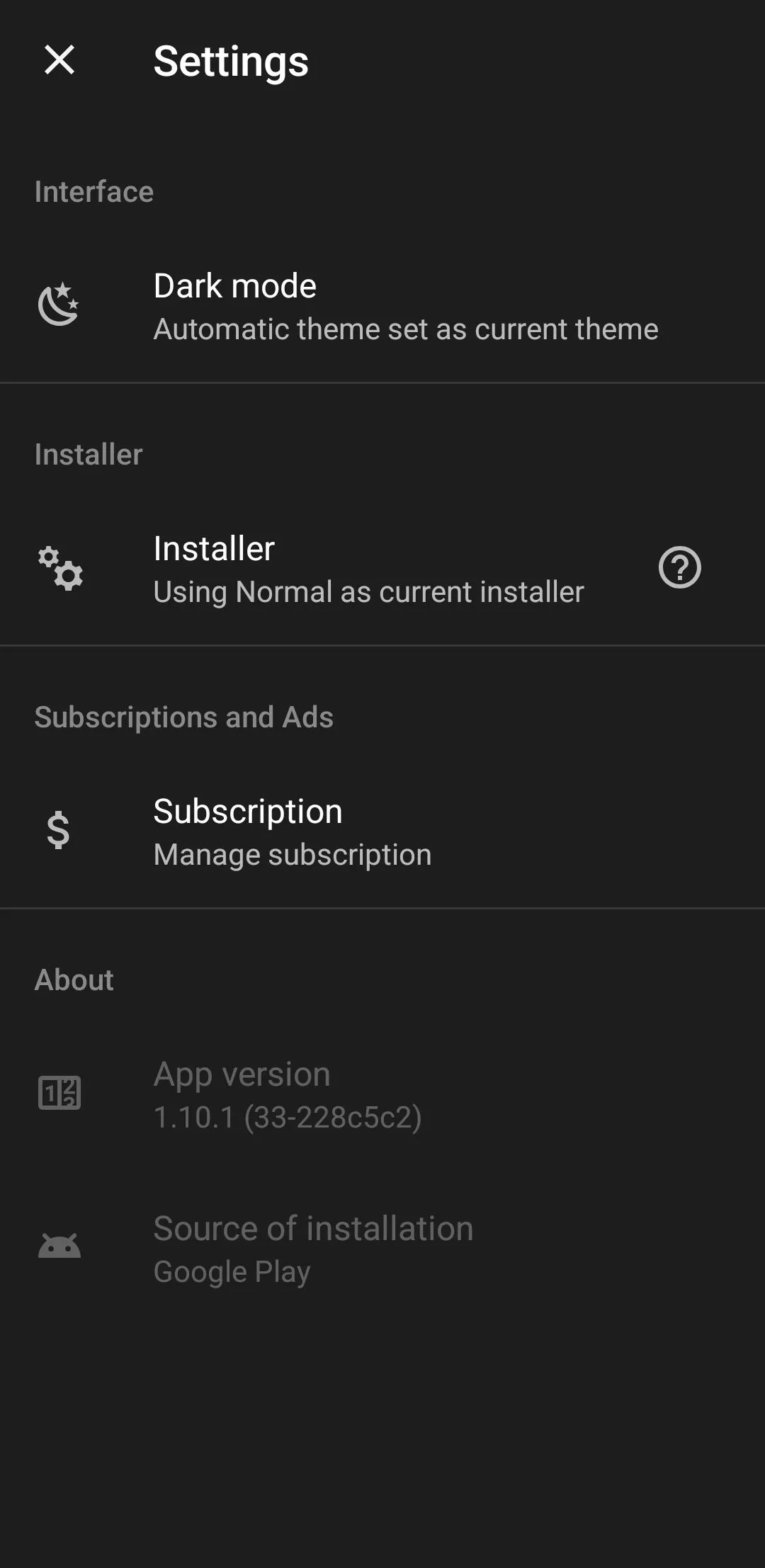 Trang cài đặt của APKMirror Installer trên điện thoại Android, cho phép tùy chỉnh các thiết lập cài đặt ứng dụng.
