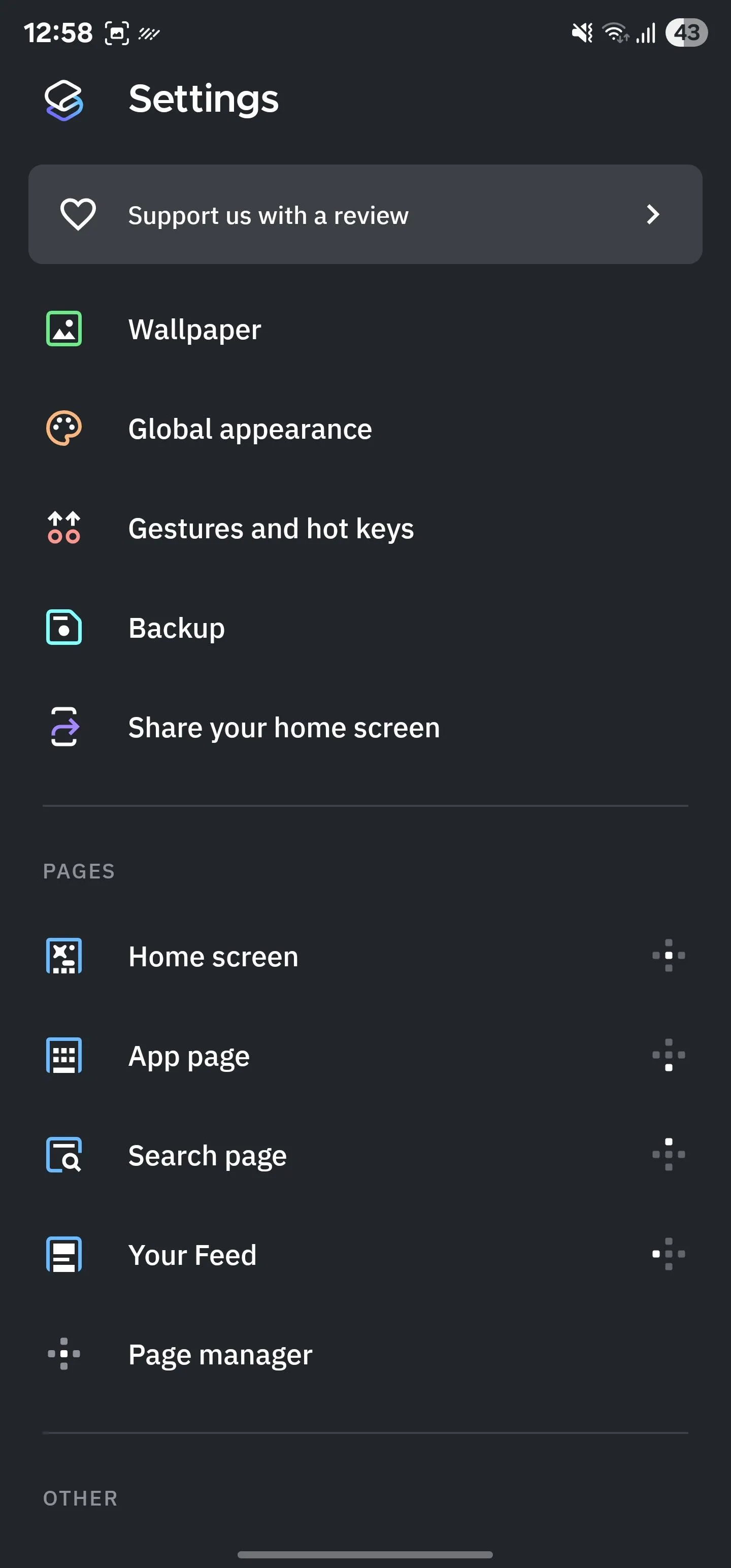 Trang cài đặt của Smart Launcher.
