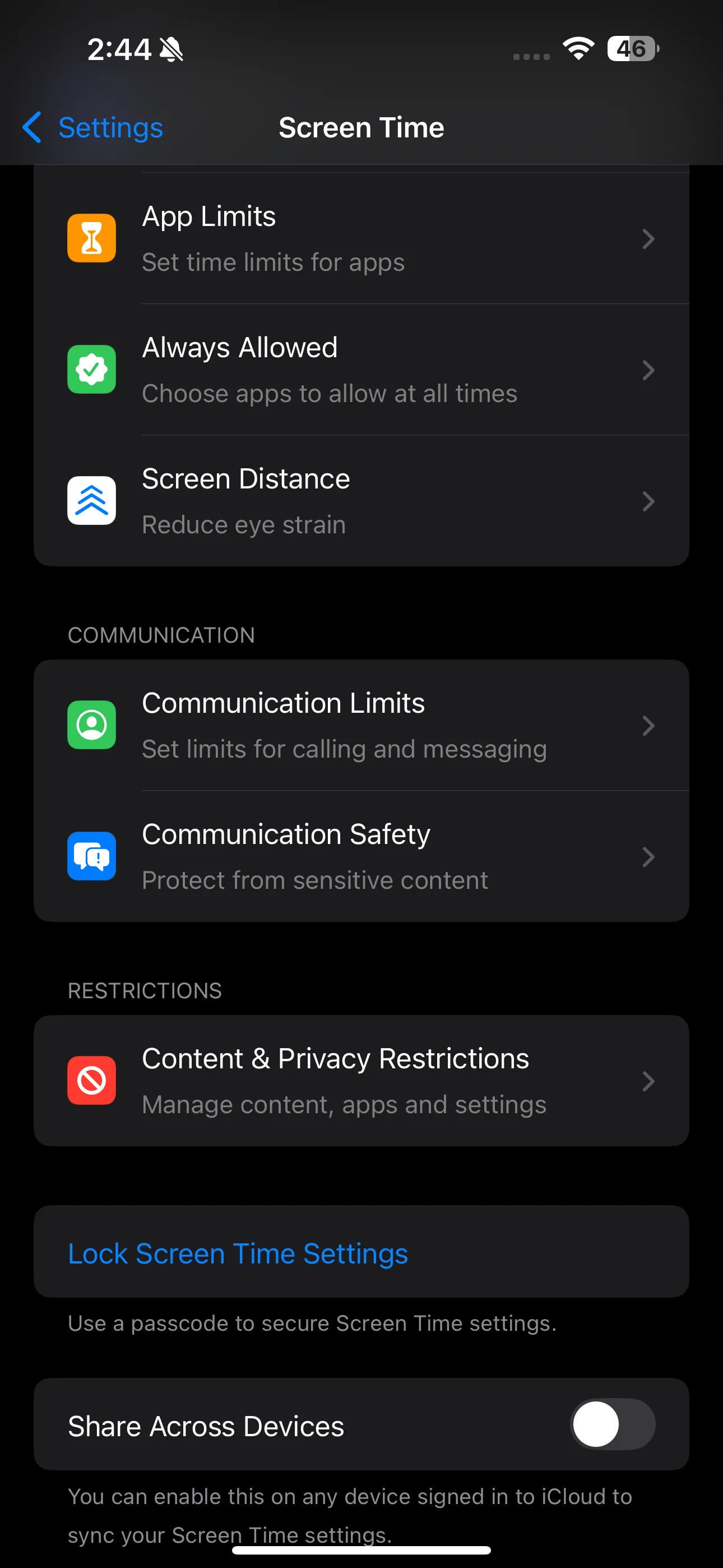 Trang cài đặt Thời gian sử dụng (Screen Time) trên iPhone, hiển thị các tùy chọn quản lý thời gian sử dụng thiết bị và ứng dụng.