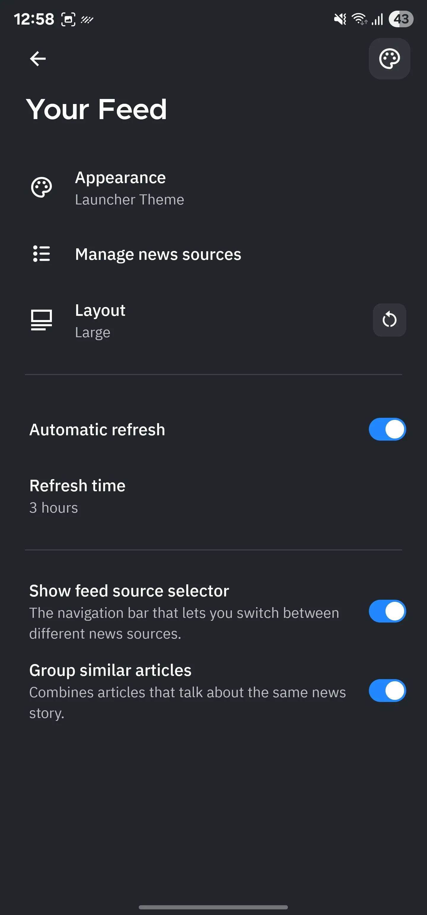 Trang cấu hình nguồn cấp dữ liệu Your Feed trong Smart Launcher.