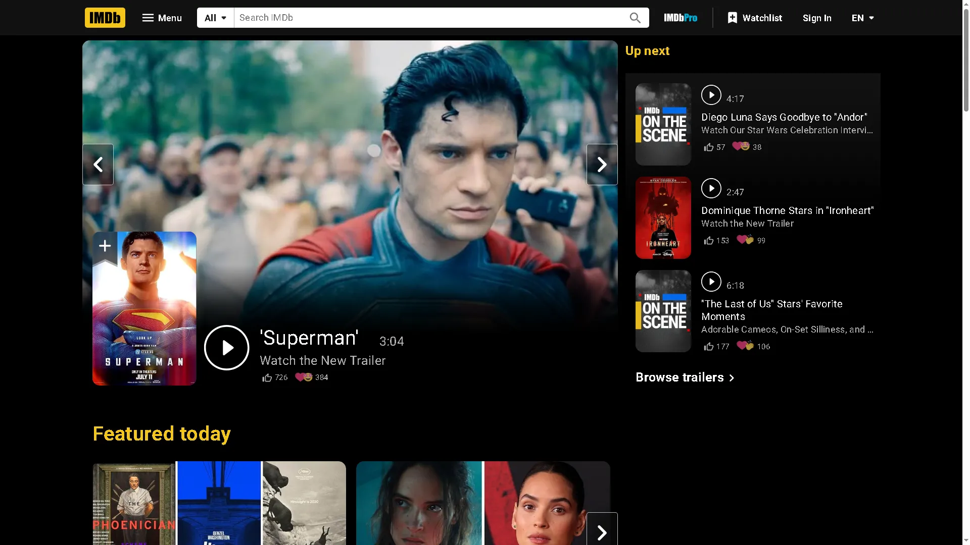 Trang chính của IMDb, cơ sở dữ liệu phim lớn nhất thế giới, hiển thị thông tin về phim Superman.