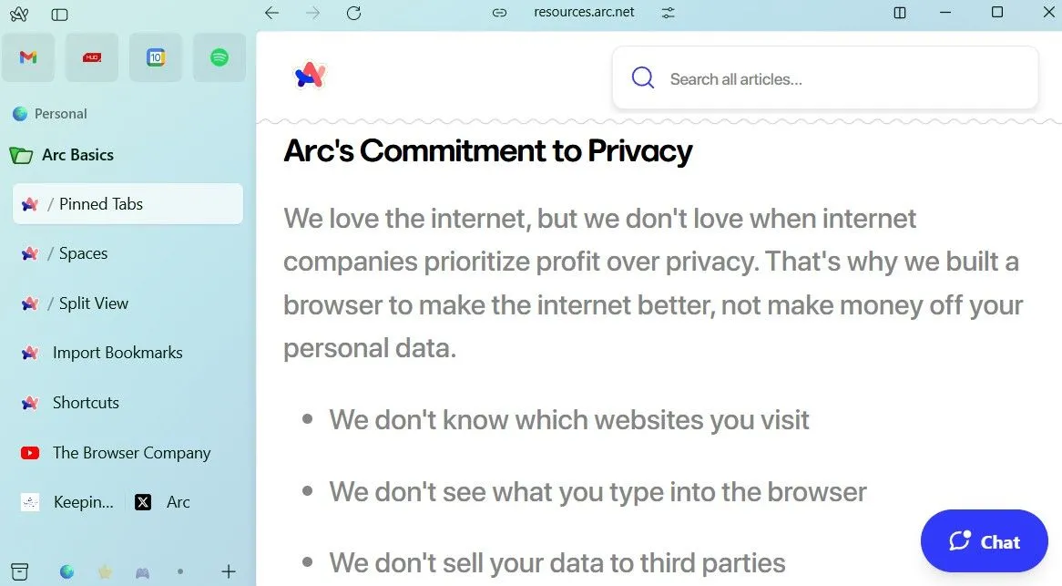 Trang chính sách bảo mật của The Browser Company hiển thị trên trình duyệt Arc, nêu rõ cam kết quyền riêng tư.