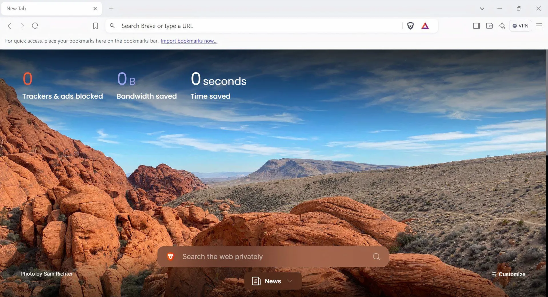 Trang chủ Brave Browser hiển thị thông tin chặn quảng cáo và tracker