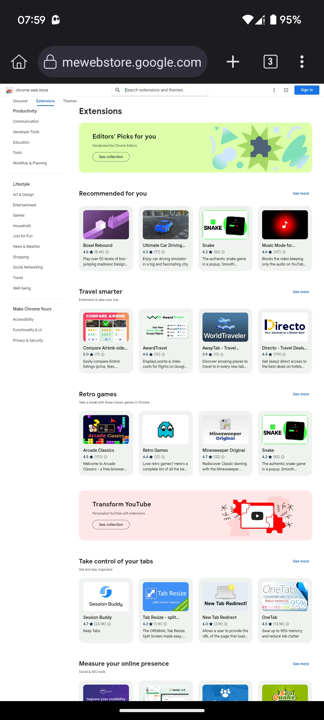 Trang chủ Chrome Web Store hiển thị danh mục tiện ích mở rộng trên trình duyệt Kiwi Browser