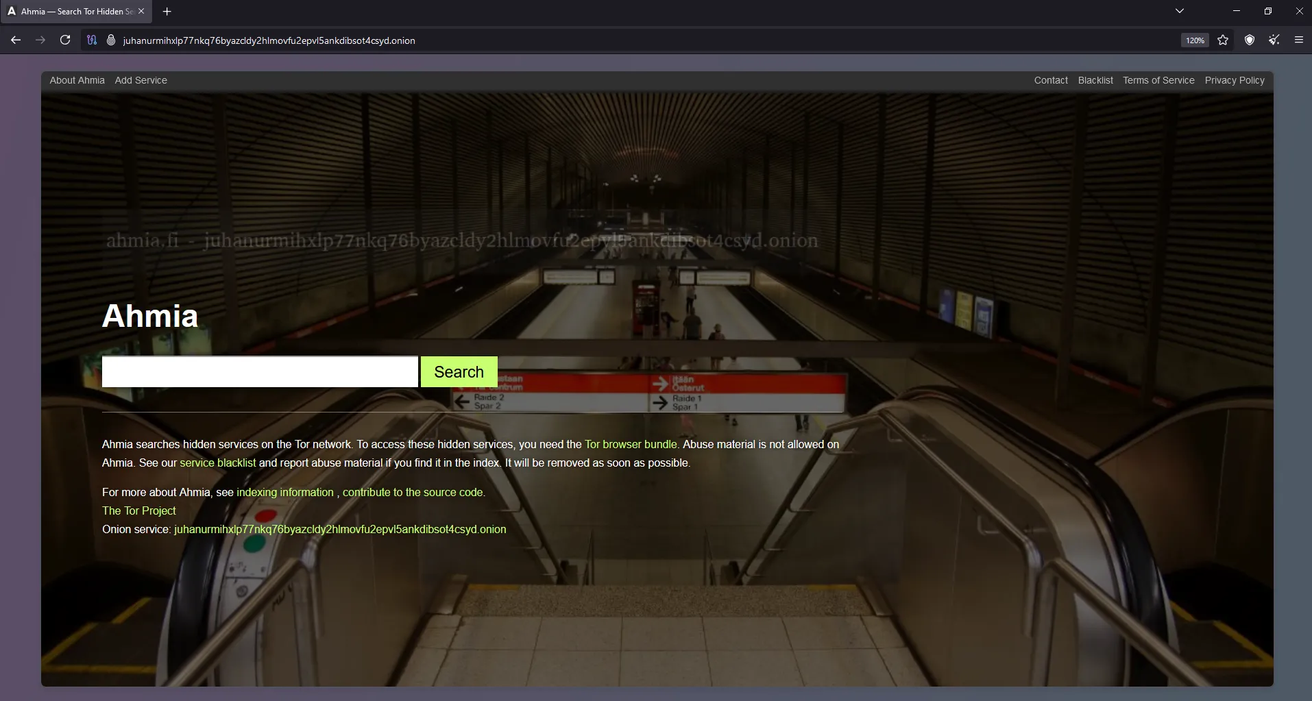 Trang chủ công cụ tìm kiếm Ahmia.fi, một trong những search engine được khuyên dùng để tìm kiếm các website .onion hợp pháp trên Dark Web.
