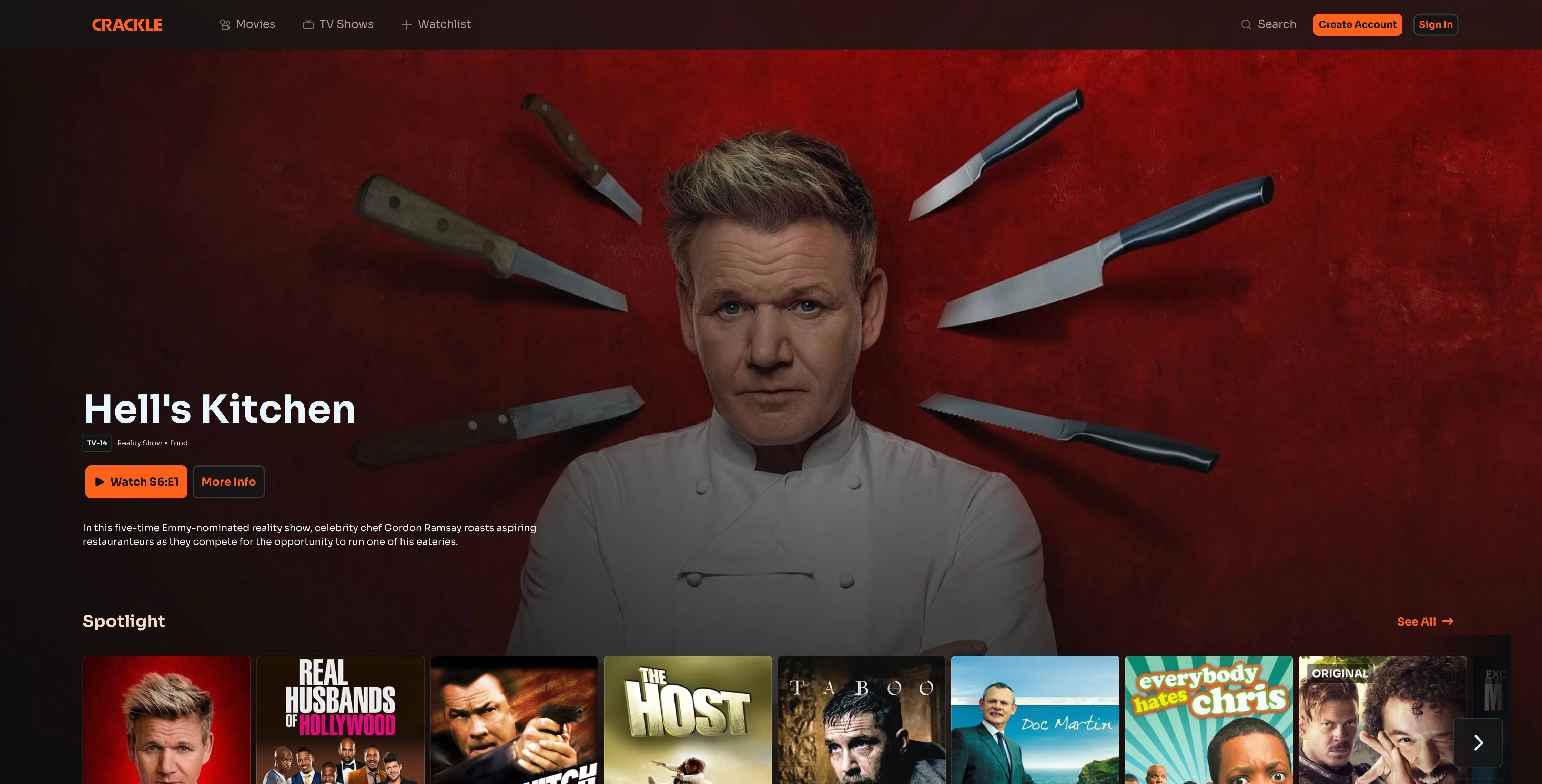 Trang chủ Crackle hiển thị quảng cáo chương trình &quot;Hell's Kitchen&quot; và danh mục phim