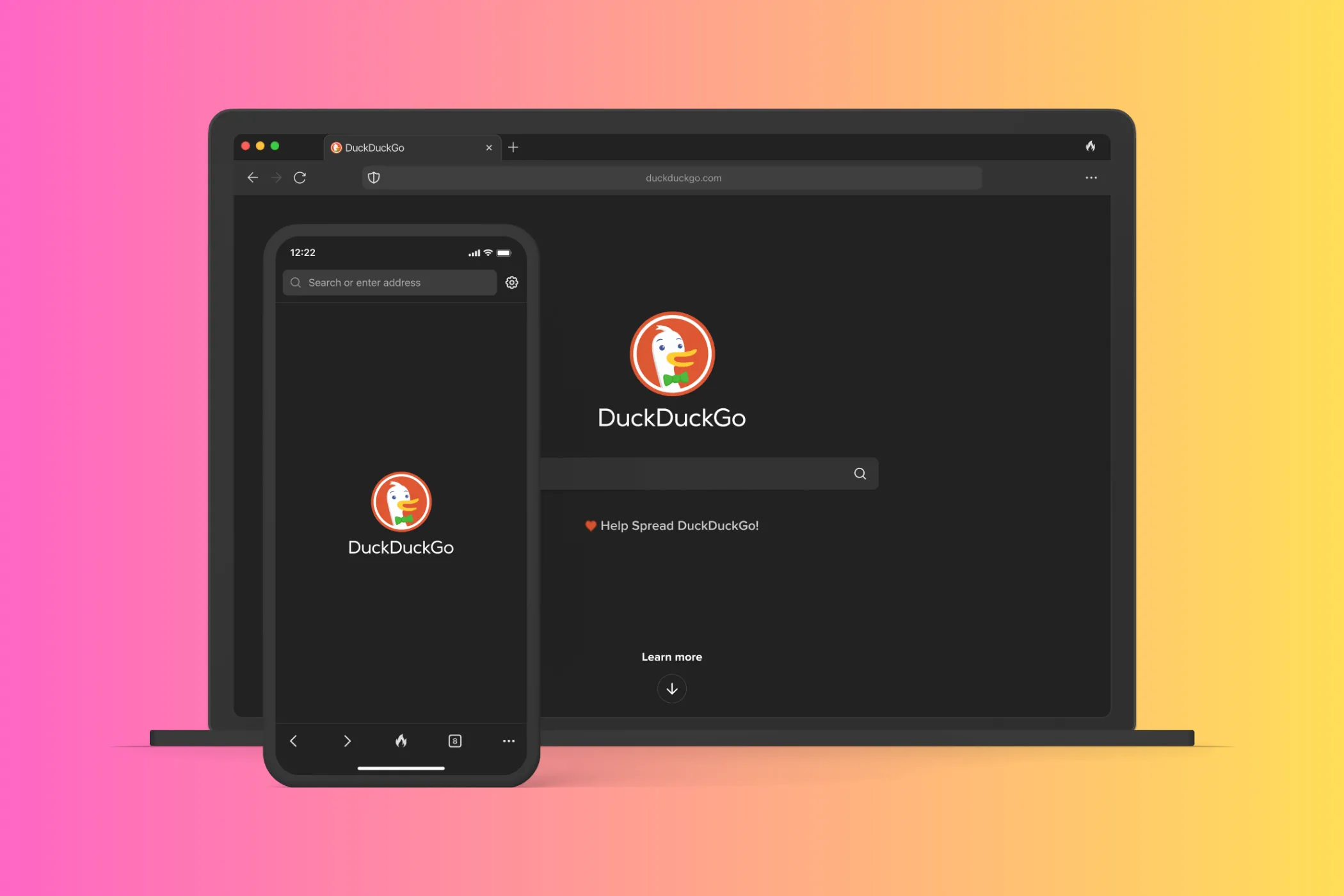 Trang chủ của trình duyệt DuckDuckGo hiển thị trên cả laptop và thiết bị di động, minh họa cam kết bảo mật quyền riêng tư.