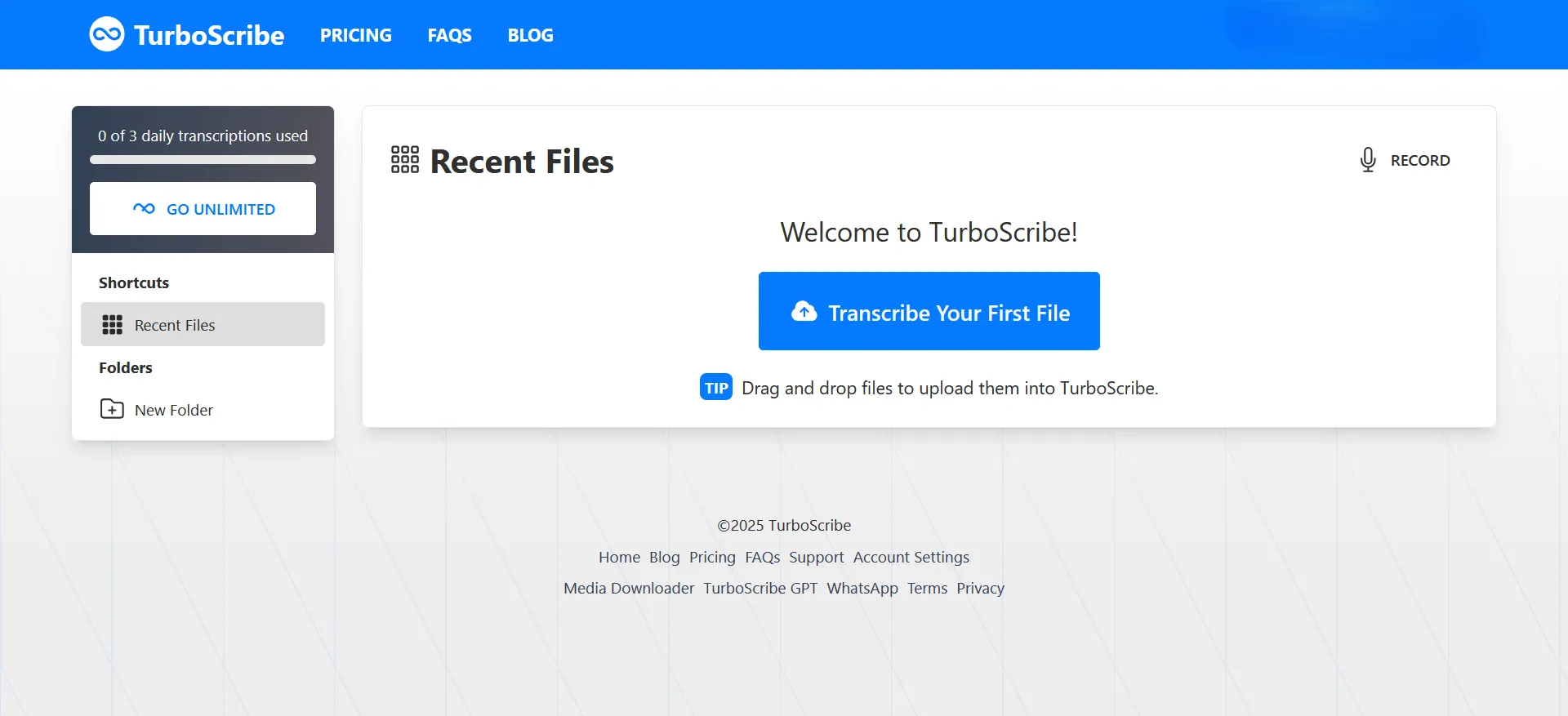 Trang chủ của TurboScribe, nền tảng chuyển đổi giọng nói thành văn bản trực tuyến