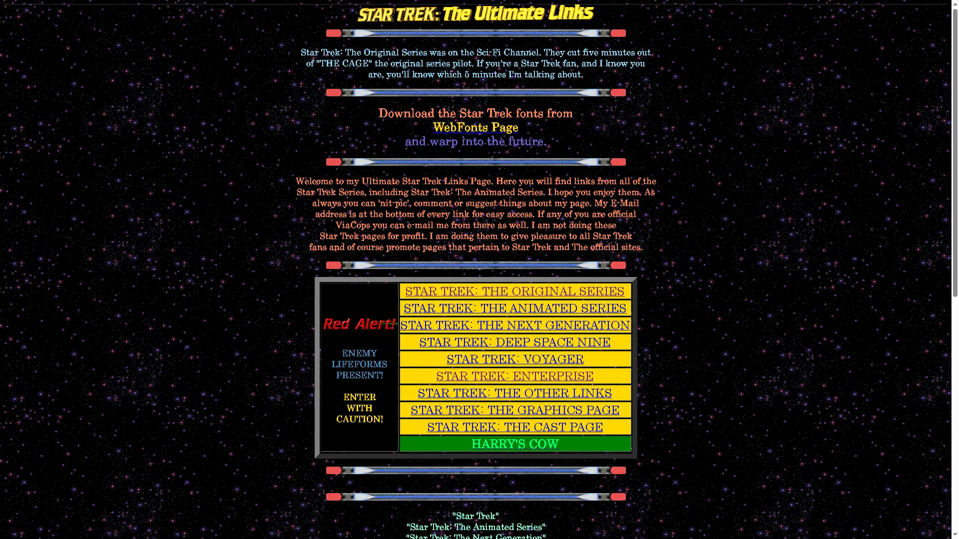 Trang chủ của website DrgnSlyr's Star Trek: The Ultimate Links, một ví dụ tiêu biểu cho fan site từ thập niên 90.