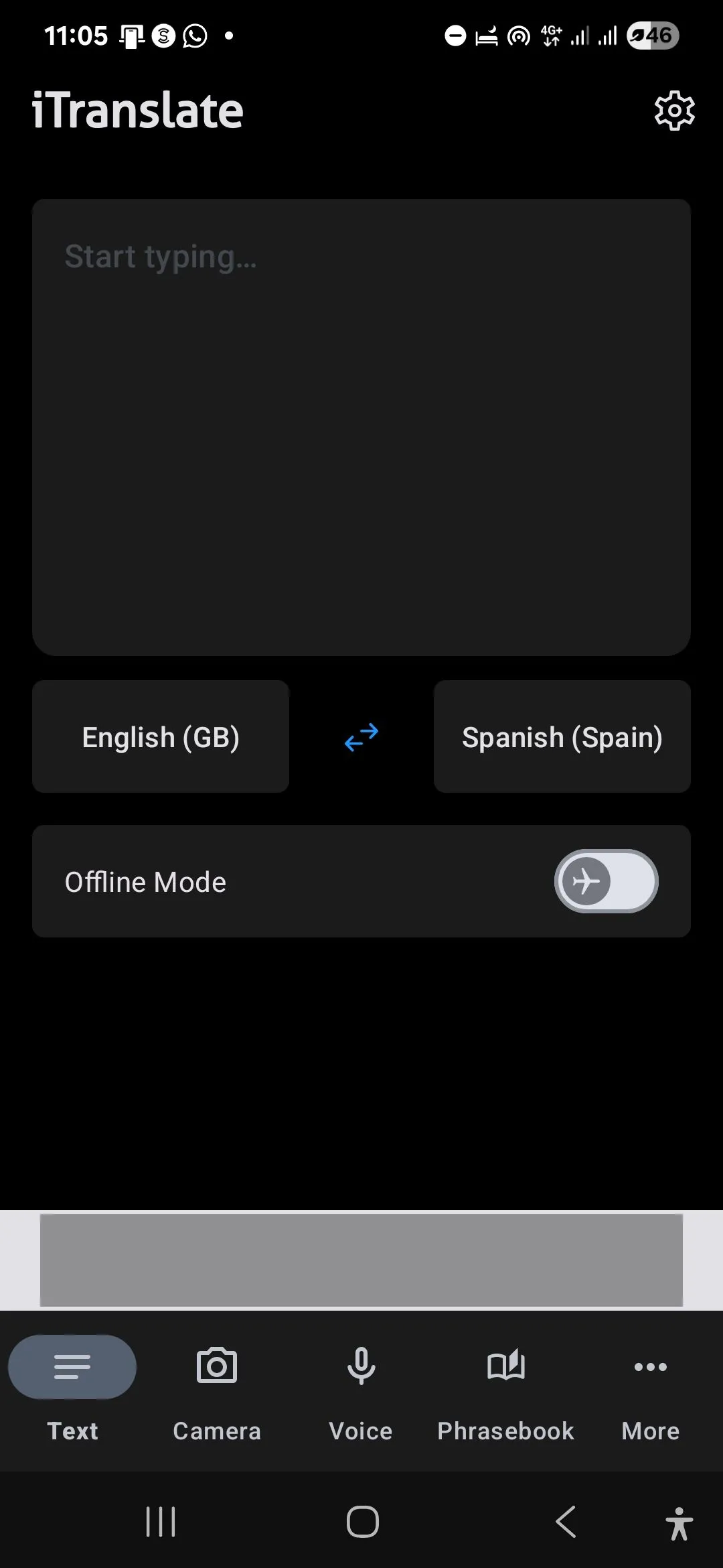 Trang chủ iTranslate với tùy chọn Chế độ ngoại tuyến (Offline Mode) được hiển thị, cho phép dịch không cần internet.