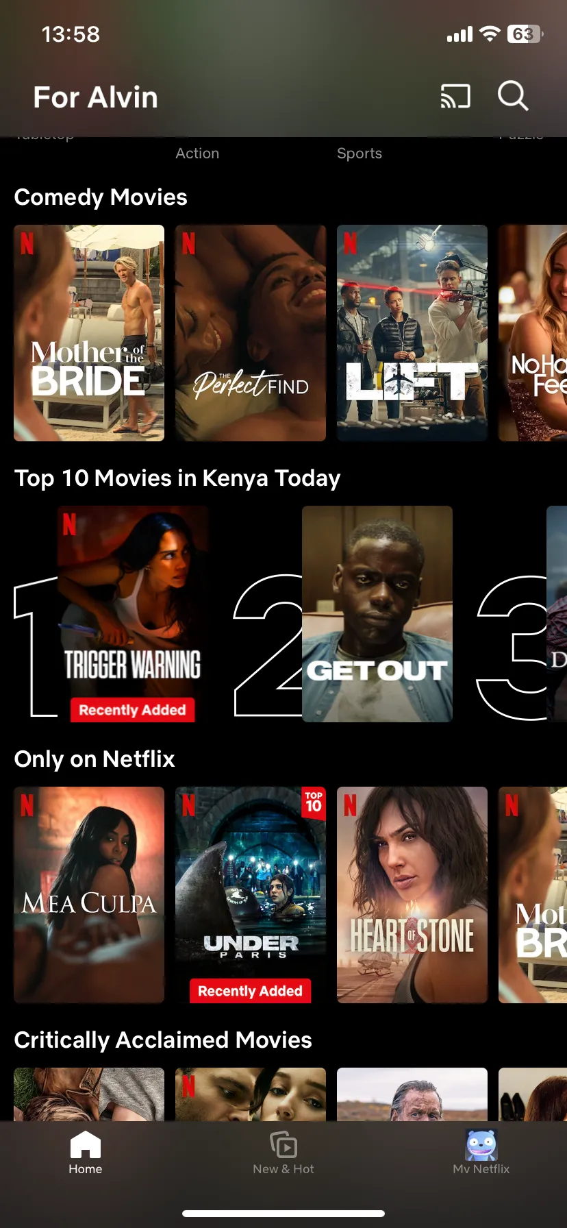 Trang chủ Netflix trên thiết bị iOS, hiển thị các bộ phim và chương trình truyền hình đa dạng, sẵn sàng cho việc xem offline.