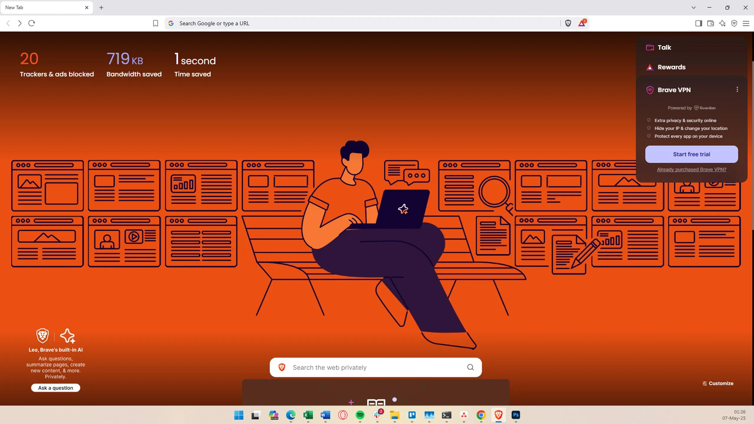 Trang chủ trình duyệt Brave Browser với giao diện tập trung vào quyền riêng tư
