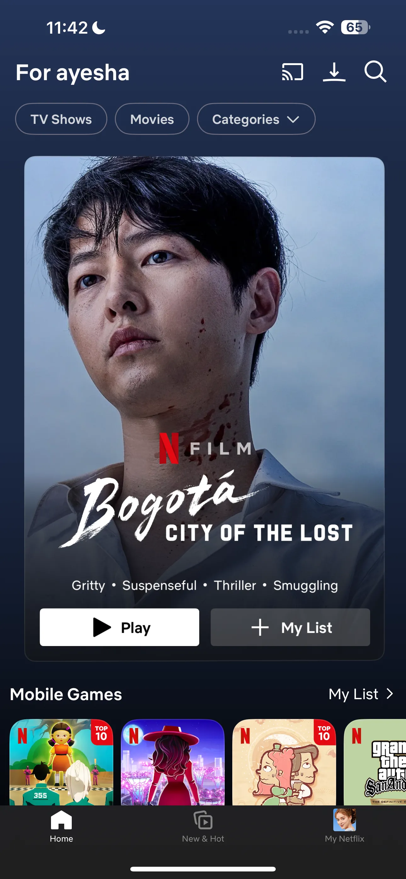 Trang chủ ứng dụng Netflix trên điện thoại, hiển thị các bộ phim và chương trình truyền hình