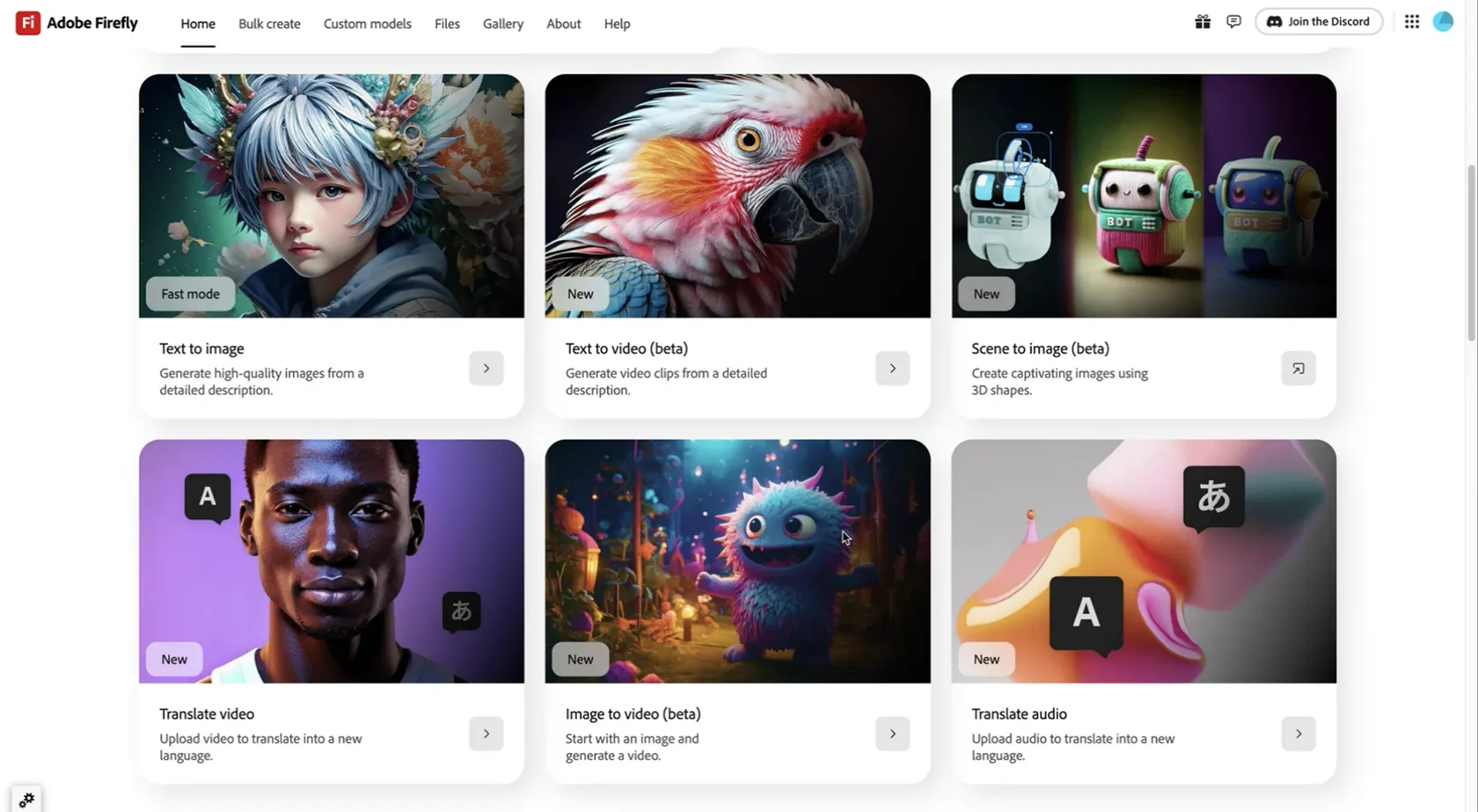 Trang chủ ứng dụng web Adobe Firefly với các công cụ AI tạo hình ảnh, tạo video, dịch thuật và các tính năng mới