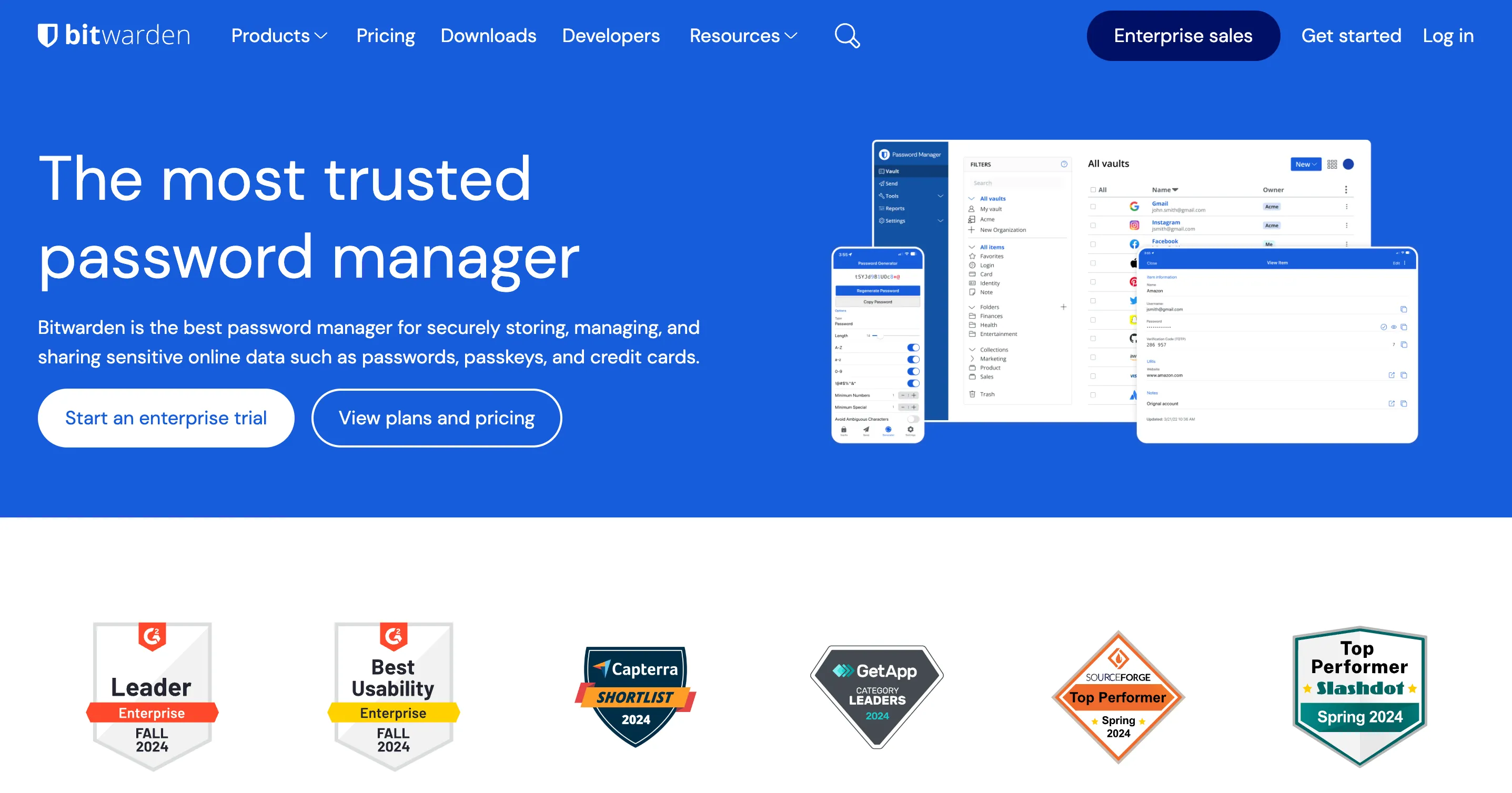 Trang chủ website Bitwarden hiển thị giao diện thân thiện và các tính năng chính của trình quản lý mật khẩu