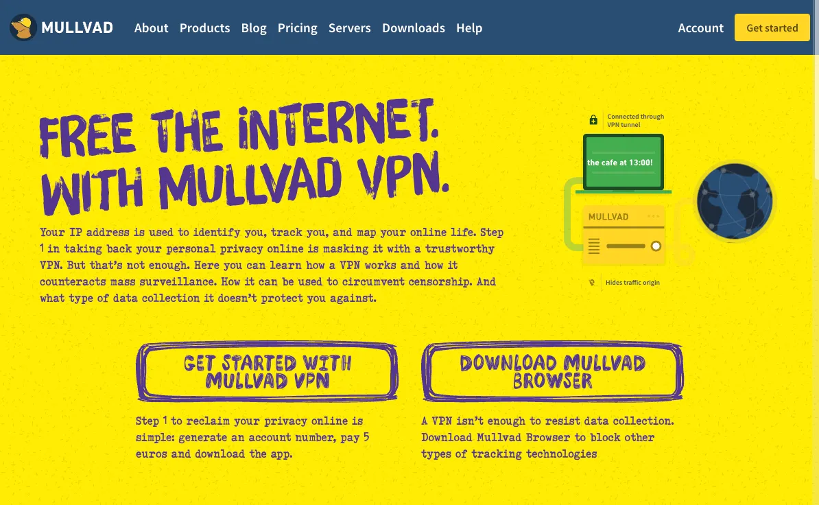 Trang chủ website Mullvad VPN, giới thiệu dịch vụ VPN không log và ẩn danh tuyệt đối.