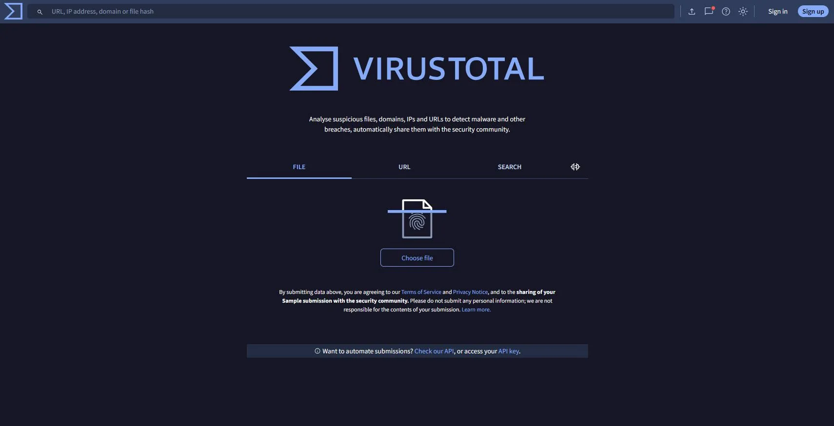 Trang chủ website VirusTotal để tải lên file hoặc URL