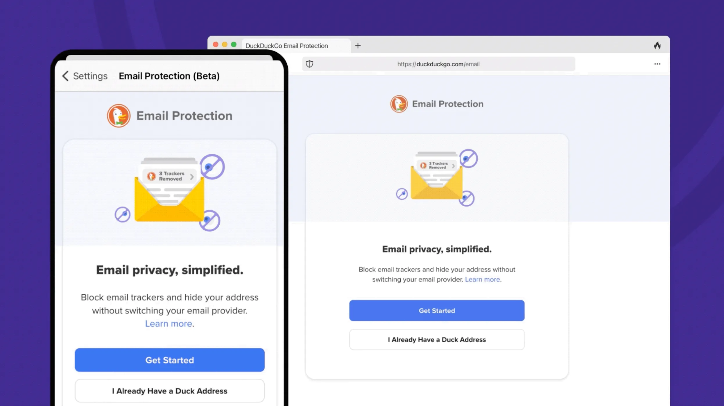 Trang đăng ký tính năng bảo vệ email của DuckDuckGo trên cả phiên bản di động và máy tính, cung cấp địa chỉ email @duck.com.