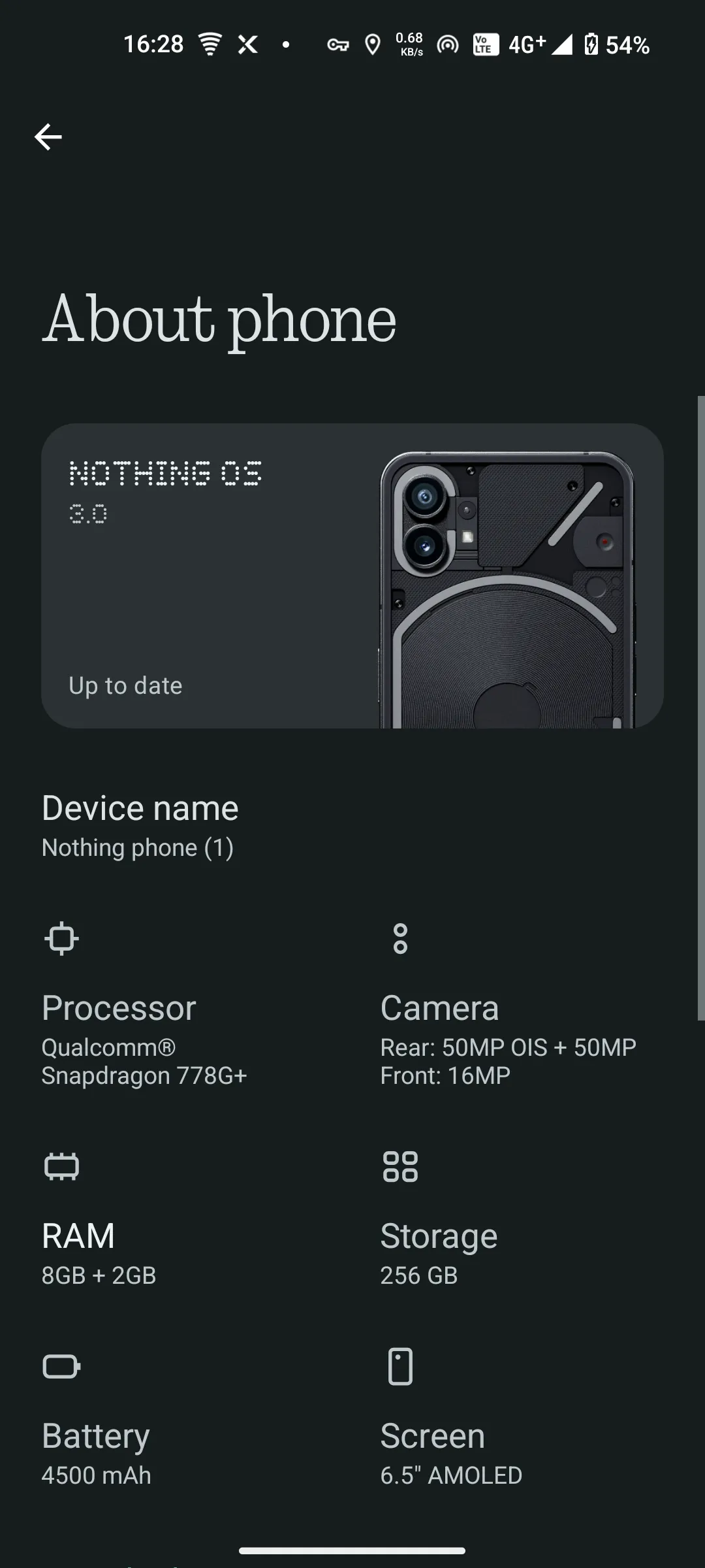Trang &quot;Giới thiệu về điện thoại&quot; trên Nothing Phone hiển thị thông tin thiết bị