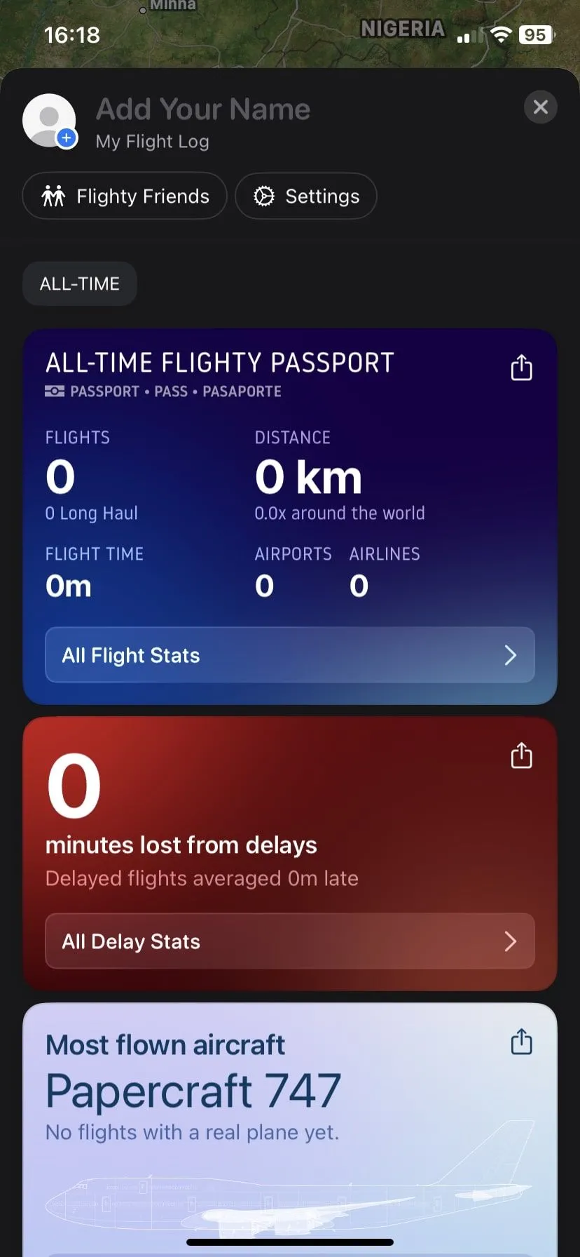 Trang hồ sơ của Flighty, hiển thị thông tin cá nhân và chuyến bay