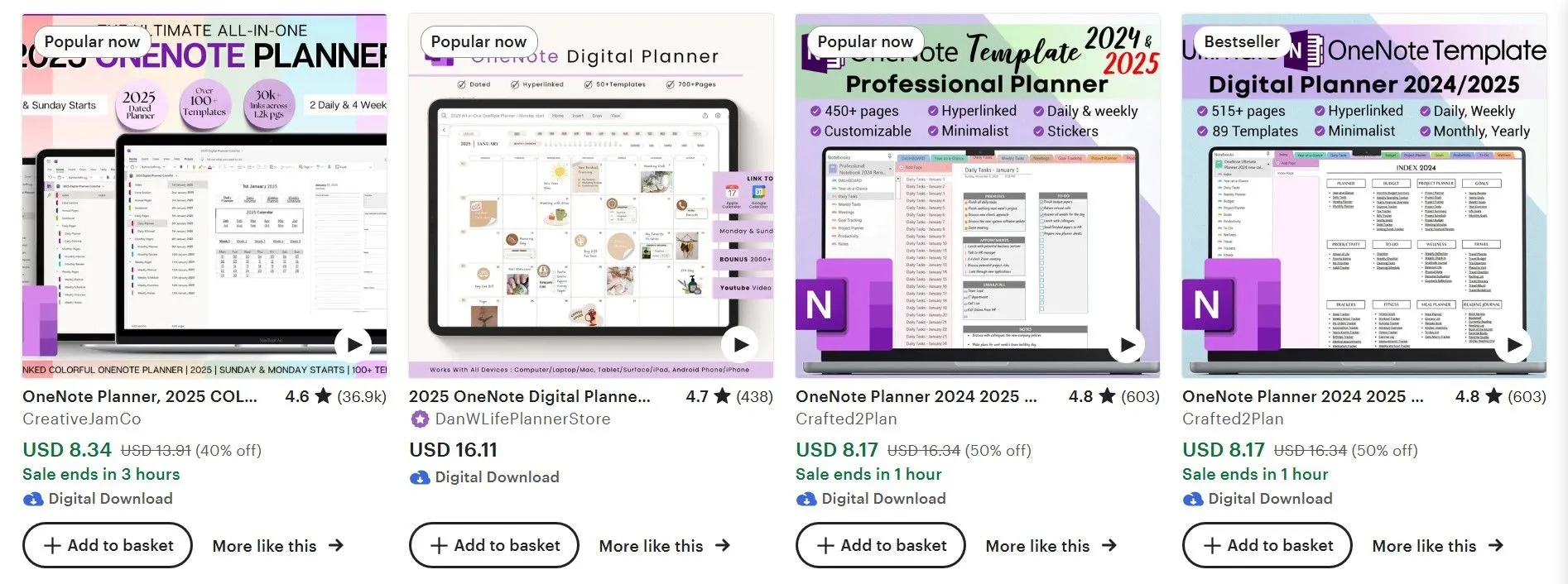 Trang kết quả tìm kiếm Etsy hiển thị các template OneNote