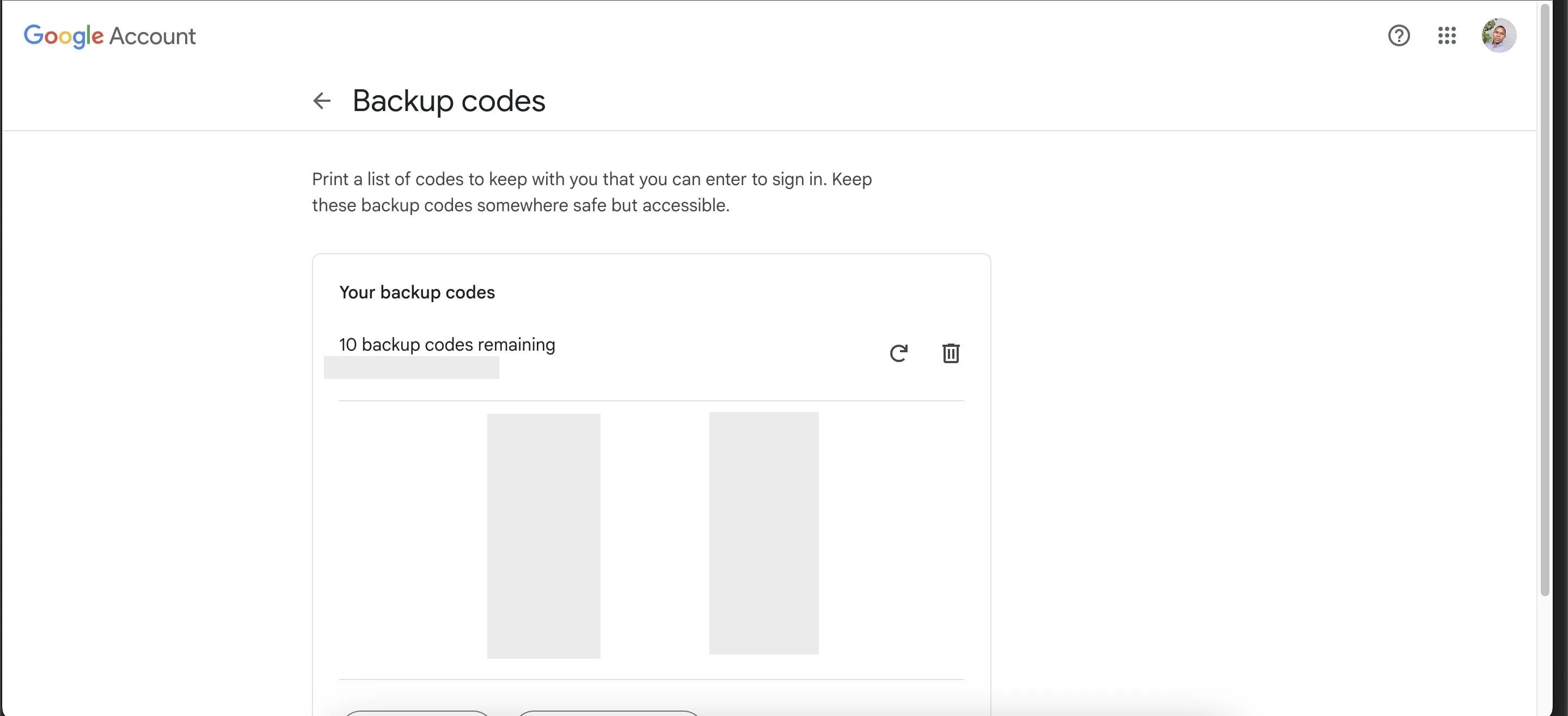 Trang mã dự phòng của tài khoản Google, nơi hiển thị các mã một lần dùng để khôi phục tài khoản khi không có điện thoại