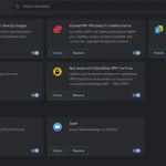 Trang quản lý tiện ích mở rộng trên Google Chrome cho phép người dùng bật, tắt hoặc gỡ bỏ các extension đã cài đặt.