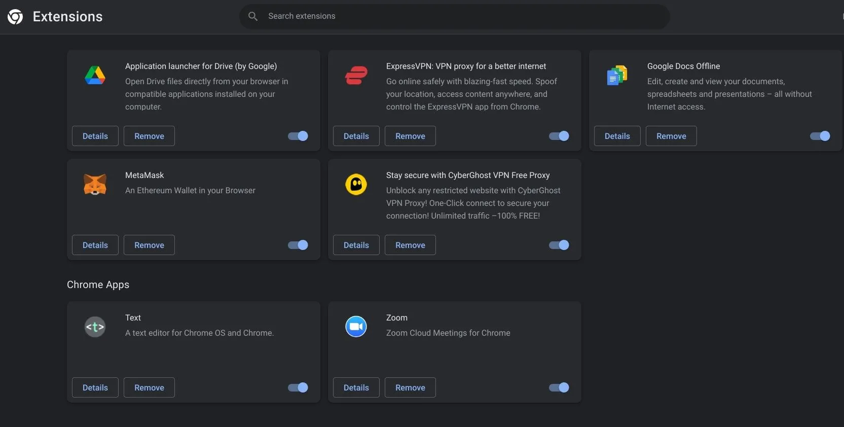 Trang quản lý tiện ích mở rộng trên Google Chrome cho phép người dùng bật, tắt hoặc gỡ bỏ các extension đã cài đặt.