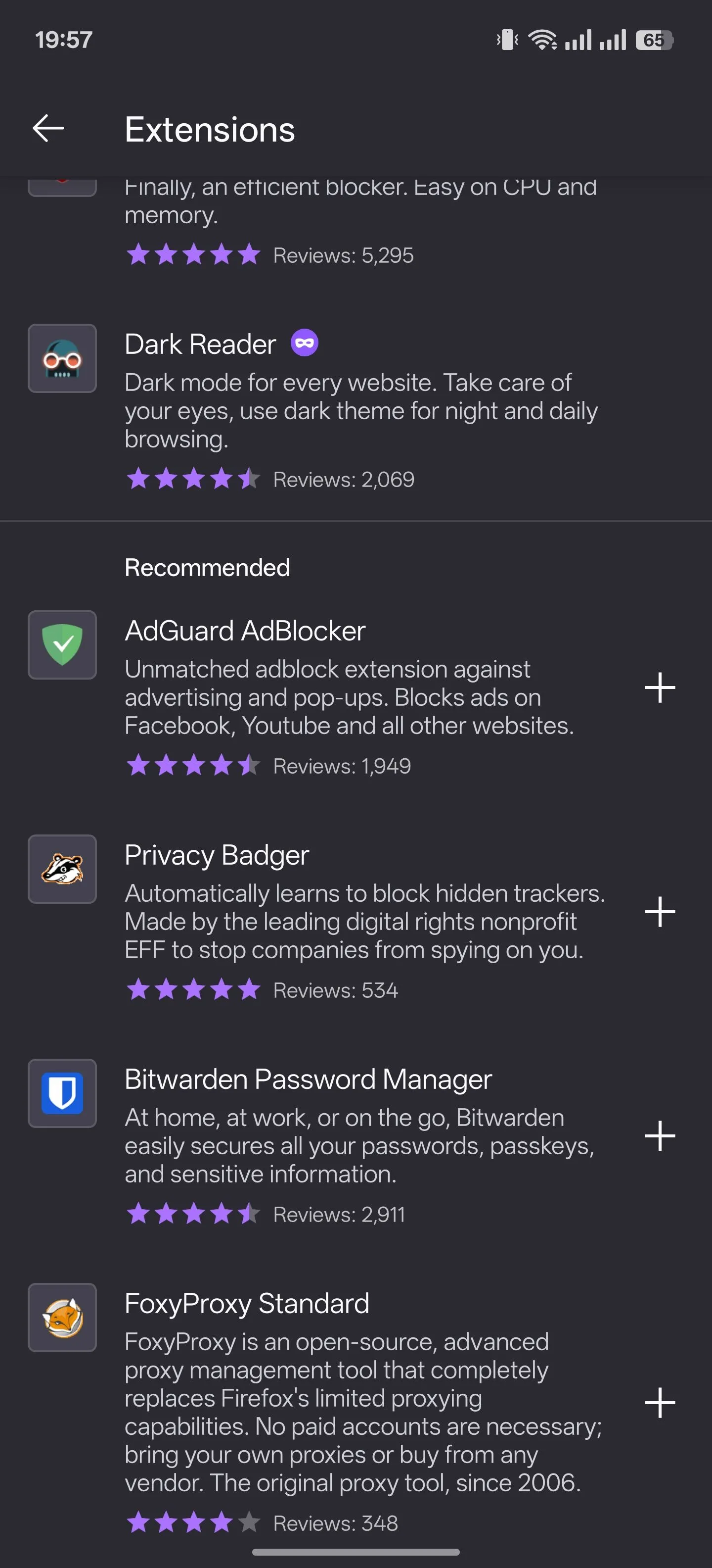 Trang quản lý tiện ích mở rộng trong trình duyệt Firefox dành cho Android.