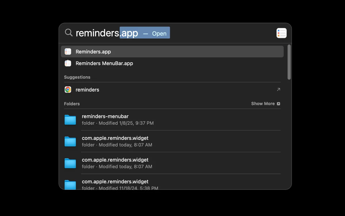 Trang Spotlight với Reminders trong thanh tìm kiếm
