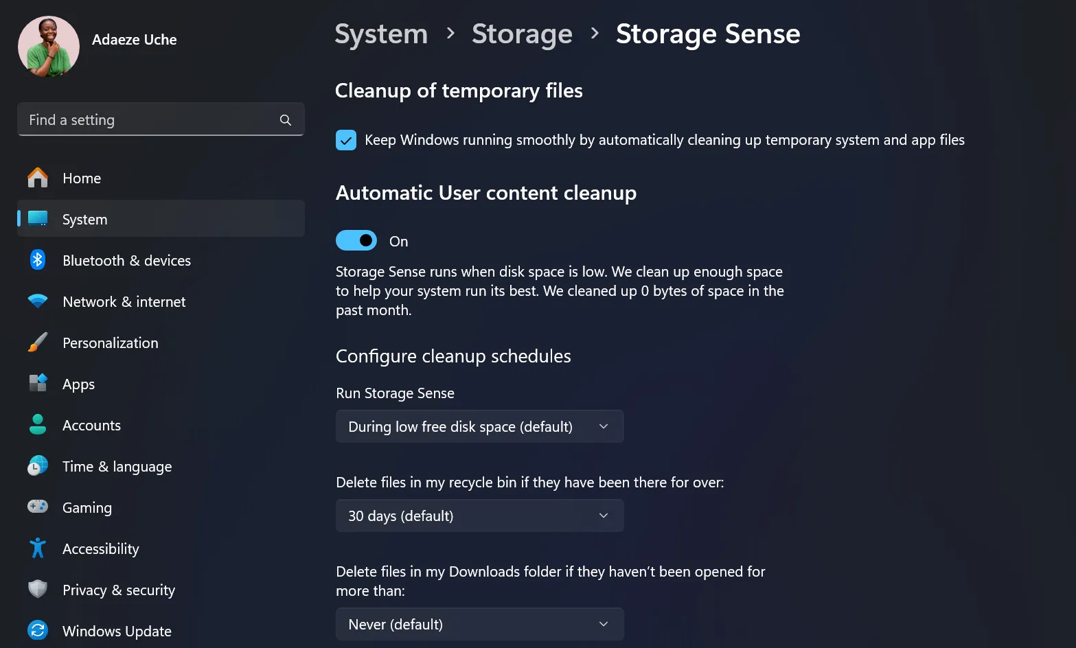 Trang Storage Sense trong Cài đặt Windows
