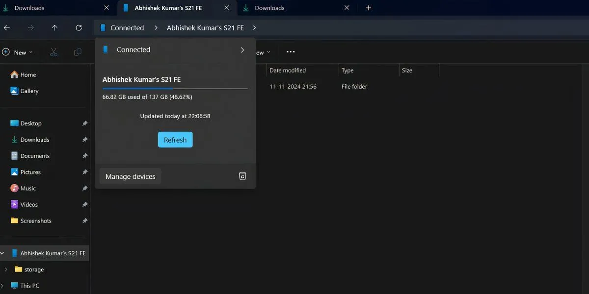 Trạng thái kết nối và dung lượng bộ nhớ điện thoại Android hiển thị trong File Explorer Windows 11