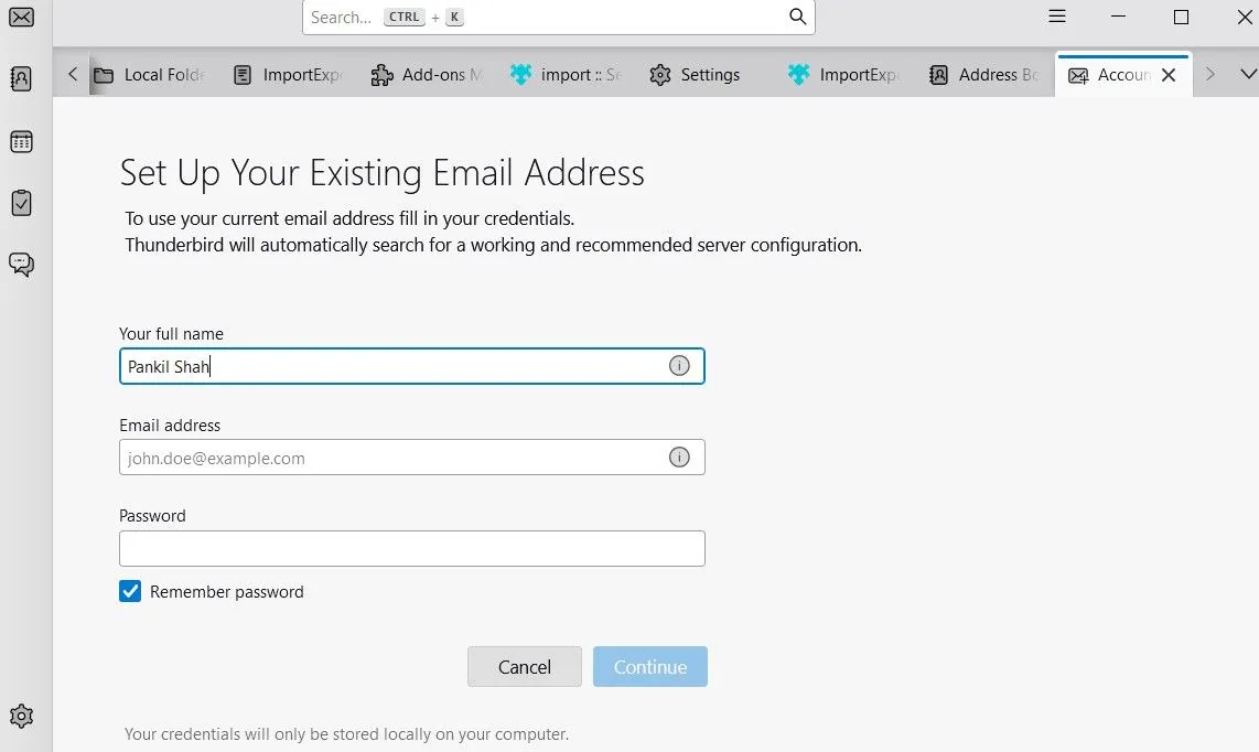 Trang &quot;Thiết lập tài khoản&quot; của Thunderbird khi thêm tài khoản email mới
