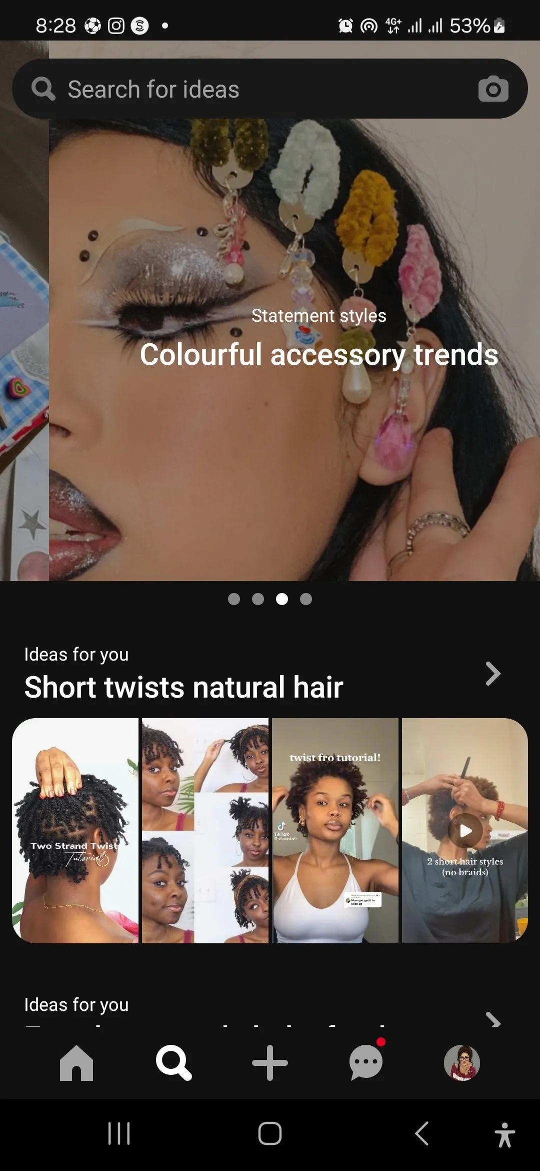 Trang tìm kiếm của ứng dụng Pinterest trên điện thoại di động