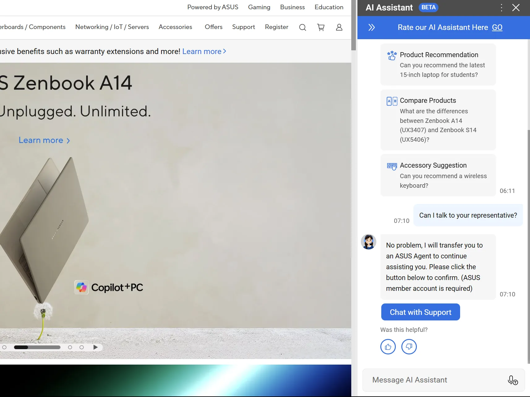 Trang web ASUS với hỗ trợ chat AI ở thanh bên hiển thị laptop Zenbook A14